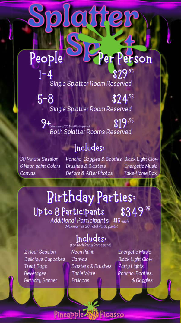 Splatter Spot prices: 1 to 4 people $29.95 each, 5 to 8 people $24.95 each, 9 or more $19.95 each, birthday parties for up to 8 participants $349.95